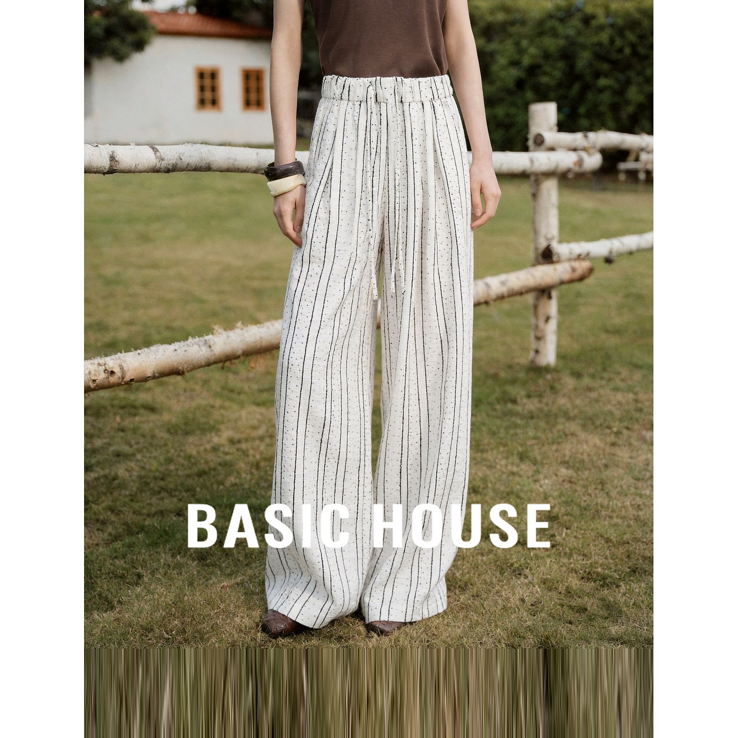 Basic House/百家好A字压褶高腰条纹阔腿裤女夏宽松显瘦亚麻长裤
