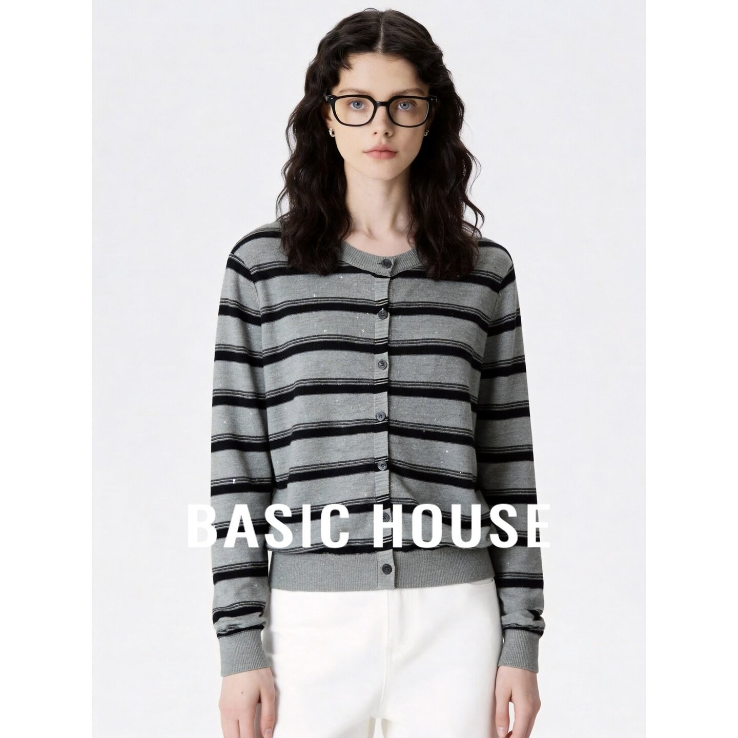 Basic House/百家好灰色条纹针织开衫女纽扣休闲薄款毛衣外套秋季