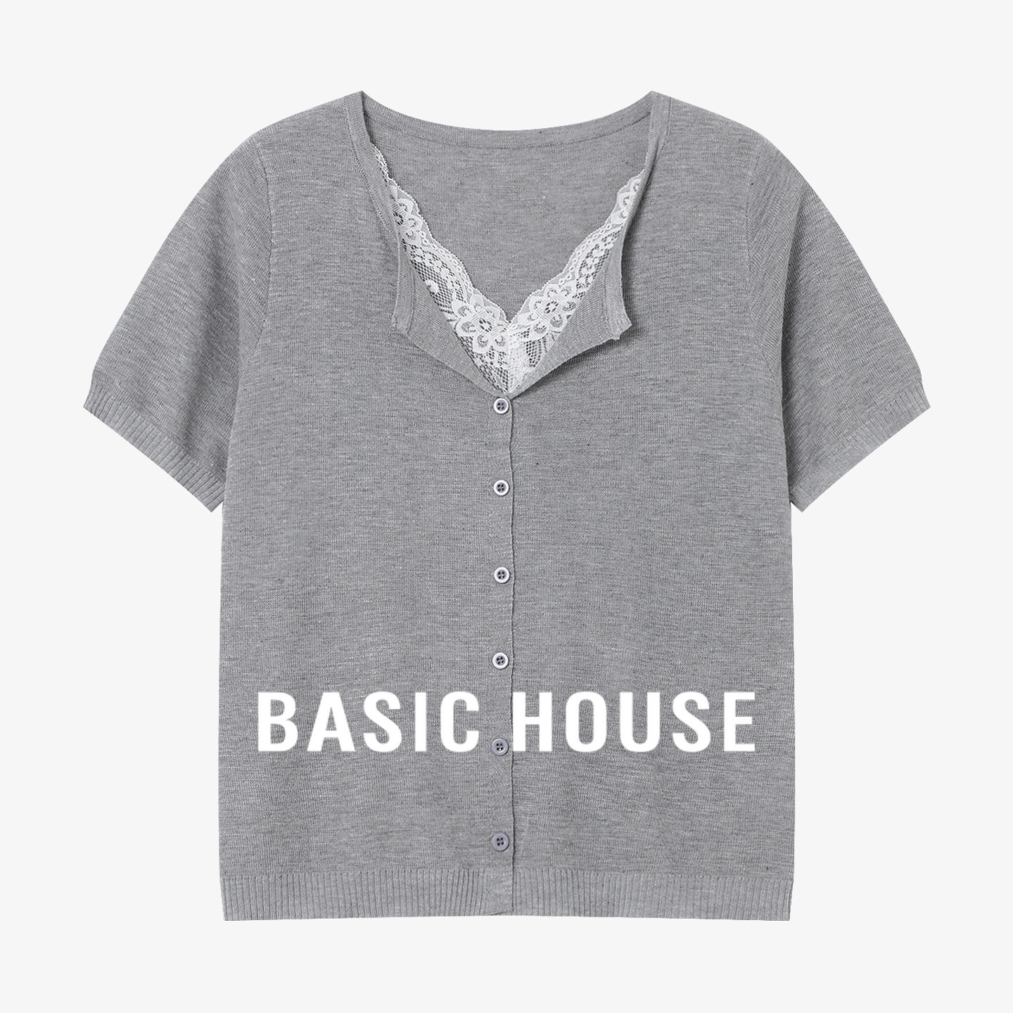 Basic House/百家好法式蕾丝拼接短袖针织衫女夏V领灰色显瘦上衣