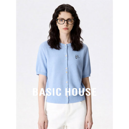 Basic House/百家好圆领彩扣短袖针织衫2026夏季新款宽松开衫上衣