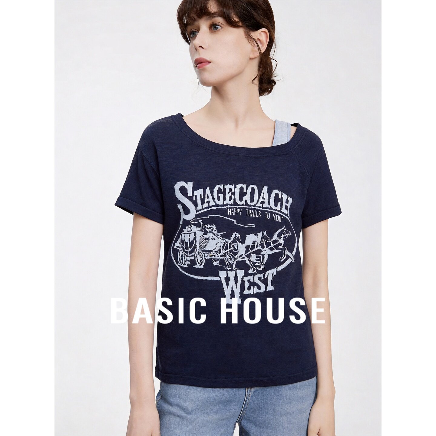 Basic House/百家好藏青色美式刺绣露肩短袖夏季新款短款针织衫