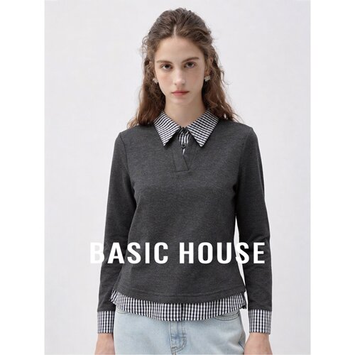 Basic House/百家好学院风假两件格子Polo领长袖T恤女显瘦上衣