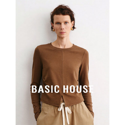 Basic House/百家好2026秋季女圆领短款前襟分割下摆上衣纯色T恤