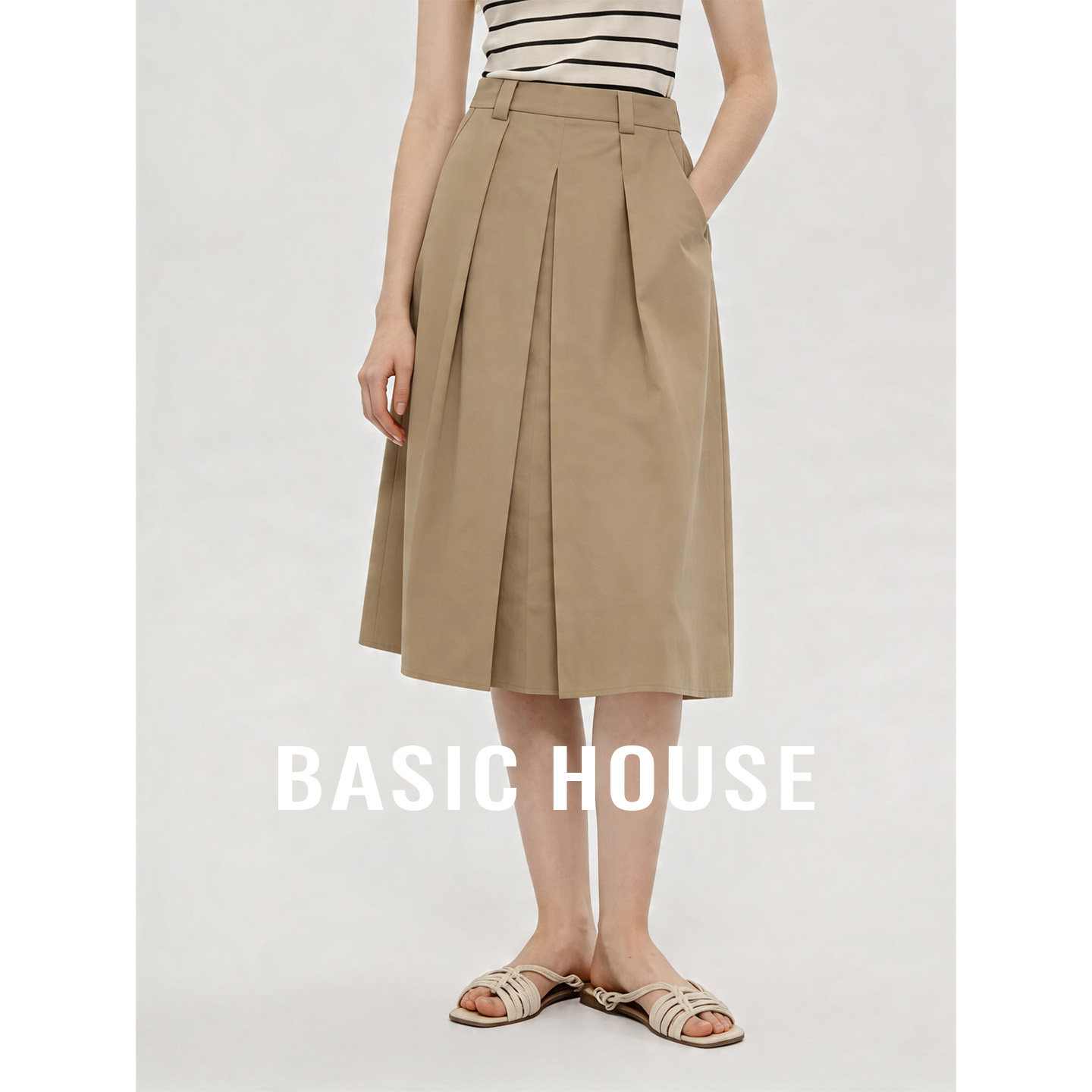 Basic House/百家好2026夏季纯色舒适百搭半身裙女宽松显瘦中长裙