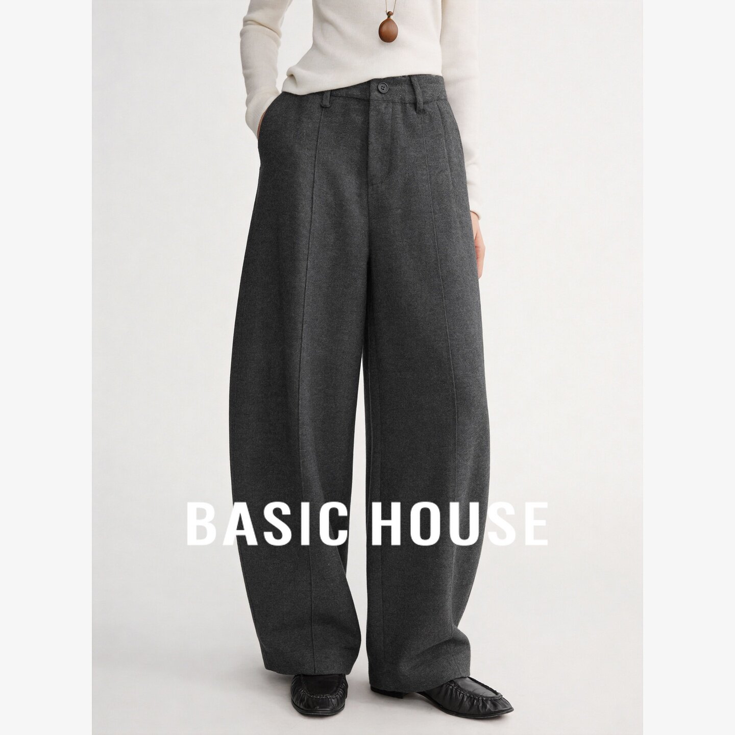 Basic House/百家好极简风高腰阔腿裤女宽松直筒西装裤通勤休闲裤