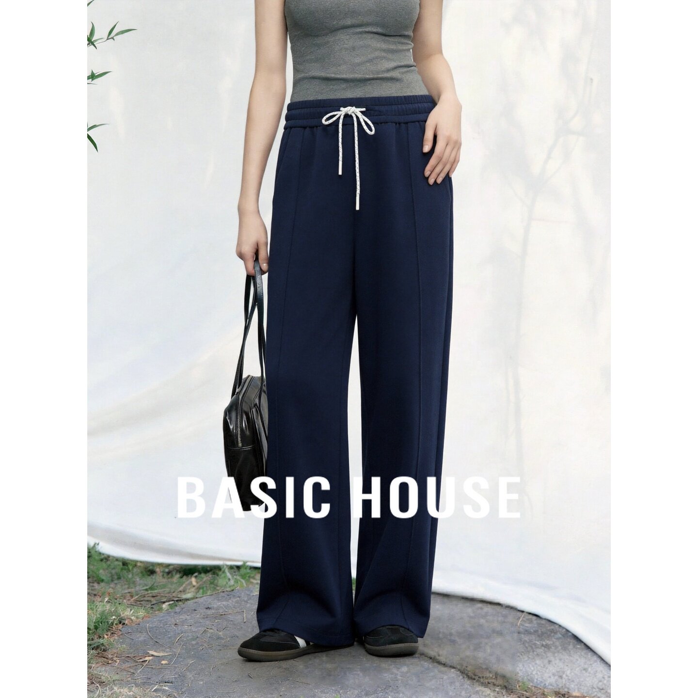 Basic House/百家好莫代尔阔腿裤女高腰宽松抽绳休闲裤极简深蓝色