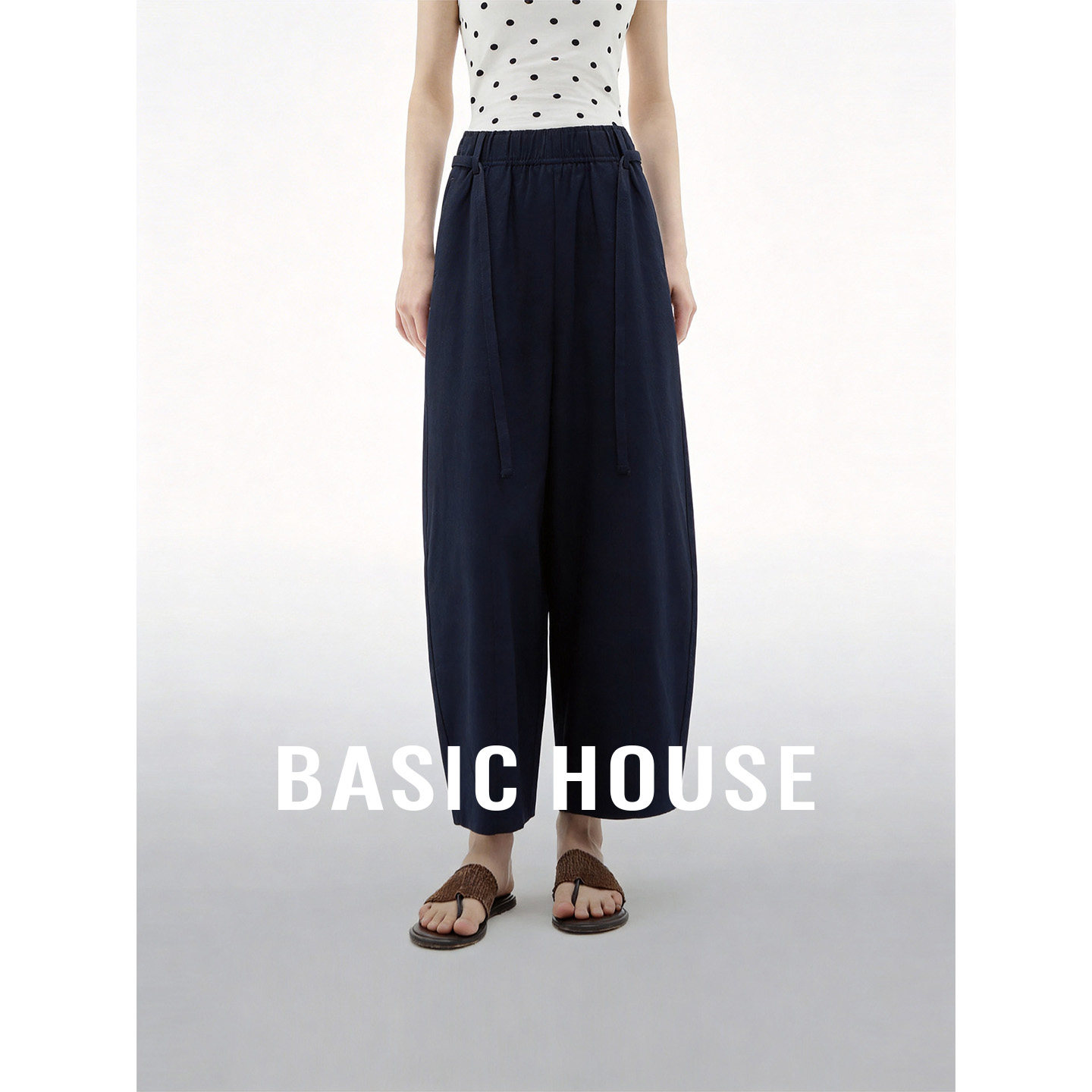 Basic House/百家好藏青色舒适百搭直筒裤女夏高腰简约休闲九分裤