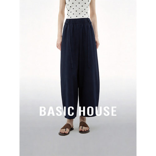 Basic House/百家好藏青色舒适百搭直筒裤女夏高腰简约休闲九分裤