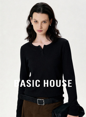 Basic House/百家好黑色V领基础百搭长袖T恤女26春季桑蚕丝打底衫