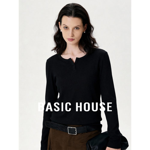 Basic House/百家好黑色V领基础百搭长袖T恤女26春季桑蚕丝打底衫