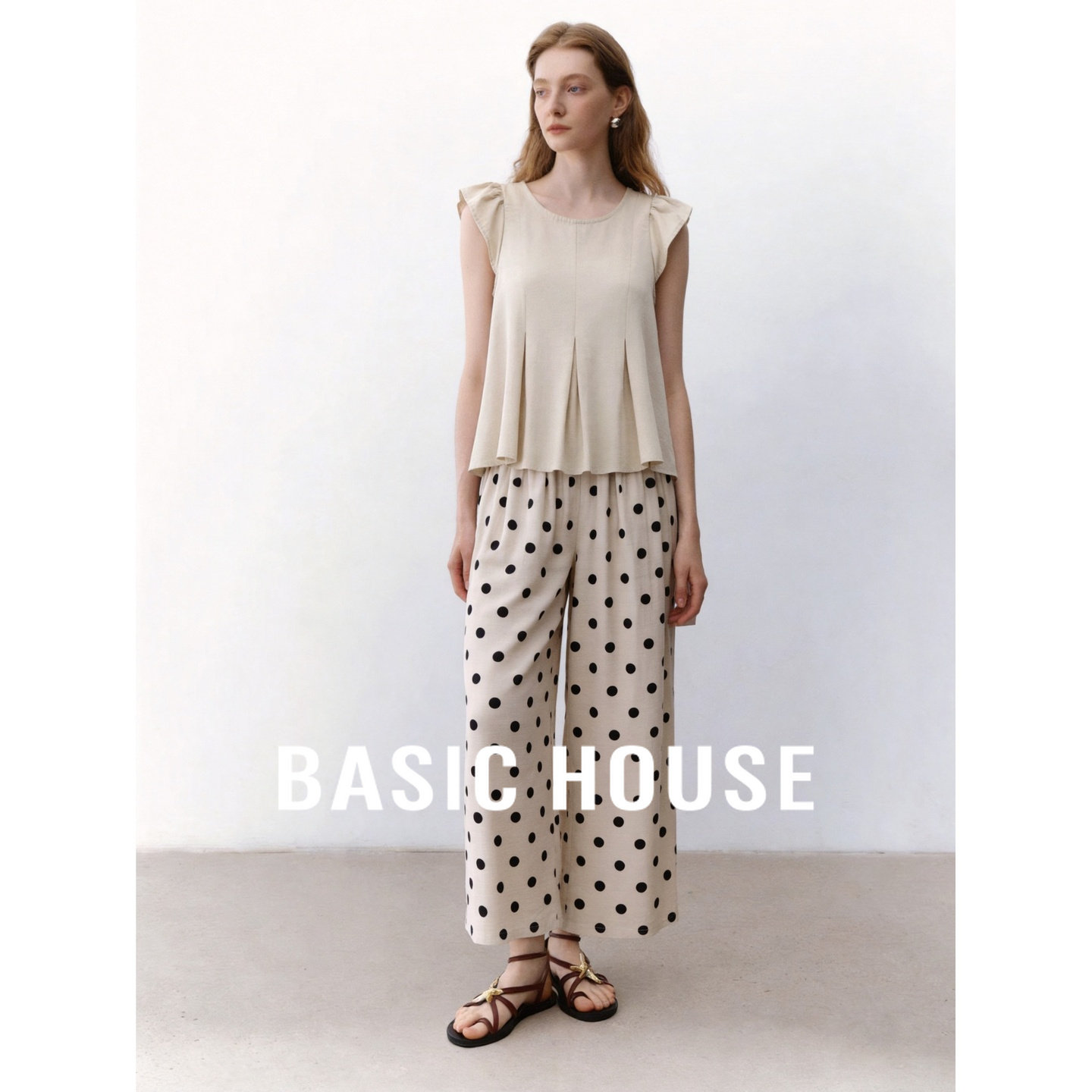 Basic House/百家好波点阔腿裤套装女夏季宽松显瘦气质休闲两件套