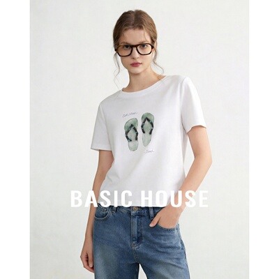 Basic House/百家好圆领短袖T恤女夏季白色流行百搭印花休闲上衣