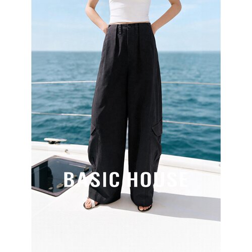 Basic House/百家好2026秋季黑色百搭多口袋工装裤女日常阔腿裤