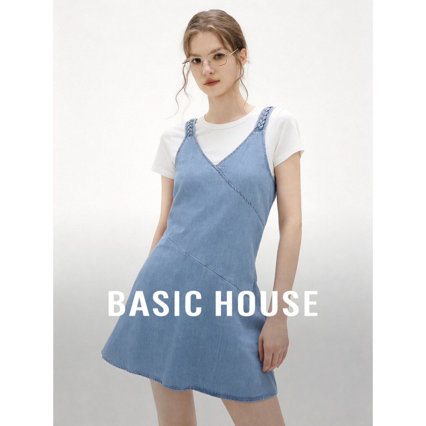 Basic House/百家好牛仔风背带裙两件套女夏季减龄叠穿连衣裙套装