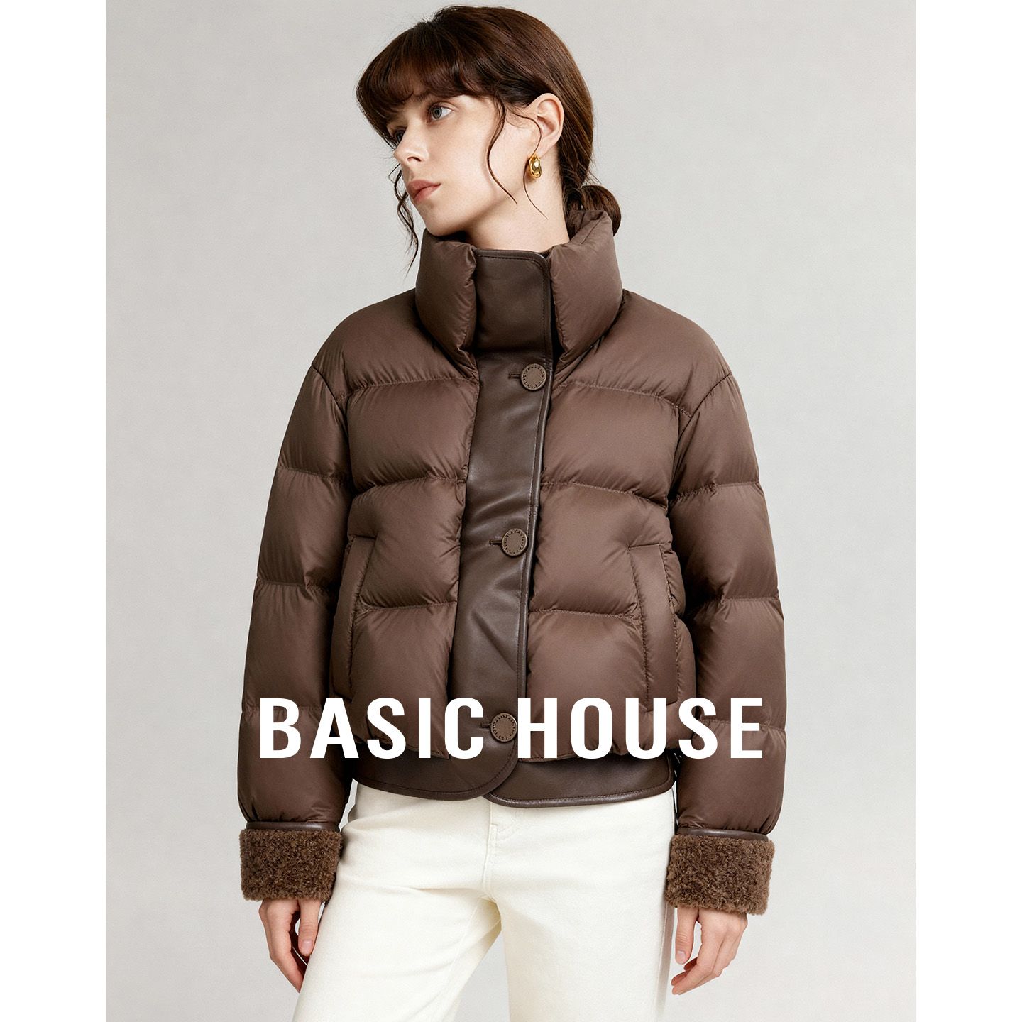 Basic House/百家好秋冬新款短款白鸭绒羽绒服女保暖百搭简约外套
