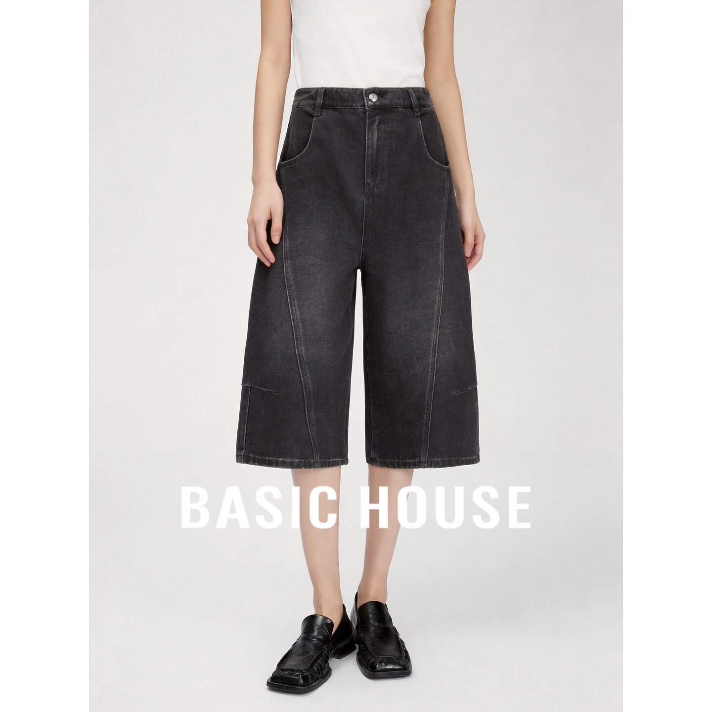 Basic House/百家好爵士灰色高腰解构牛仔短裤休闲宽松阔腿裤夏季