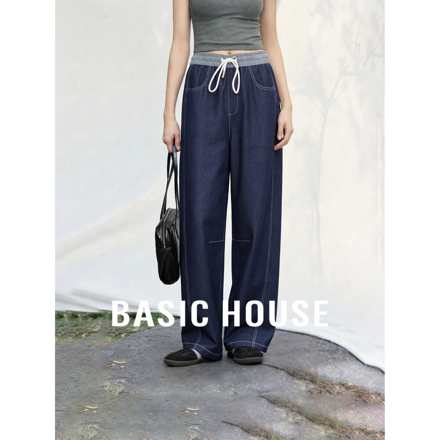 Basic House/百家好设计感休闲系带牛仔阔腿裤女宽松慵懒休闲长裤