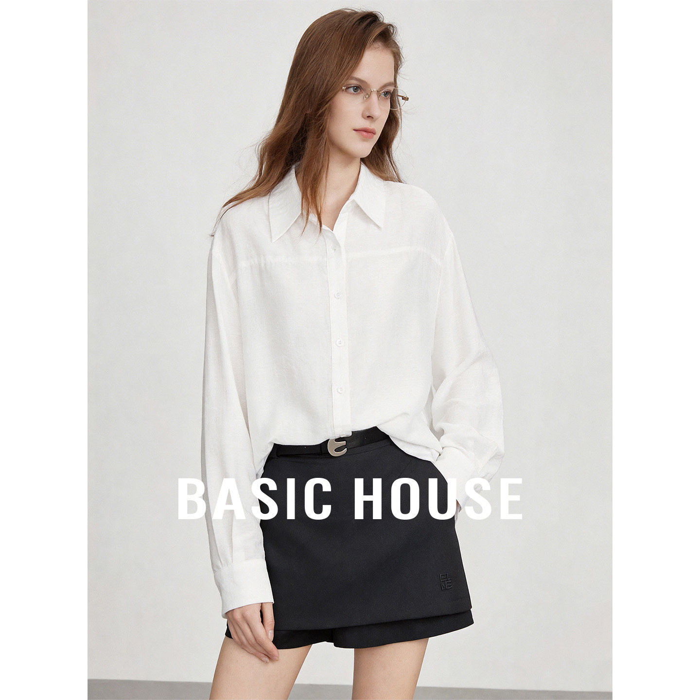 Basic House/百家好白色polo领宽松休闲长袖衬衫女秋百搭简约上衣