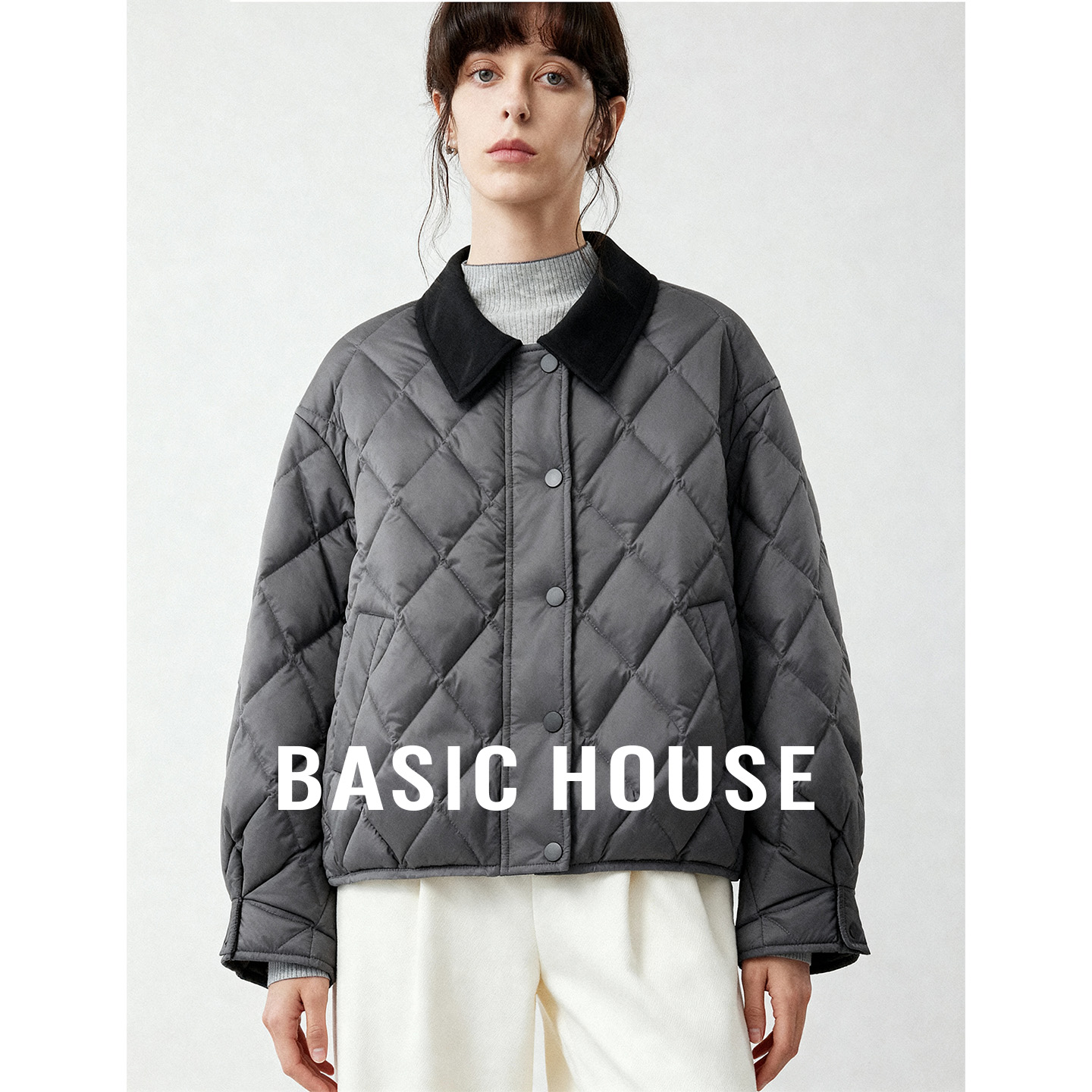 Basic House/百家好2025冬季灰色短款白鸭绒外套小个子翻领羽绒服