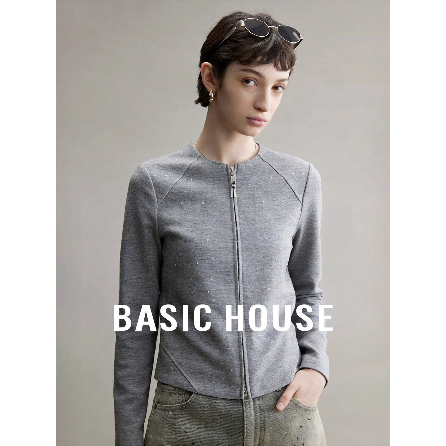 Basic House/百家好灰色亮钻小众设计感卫衣外套女夏季百搭上衣
