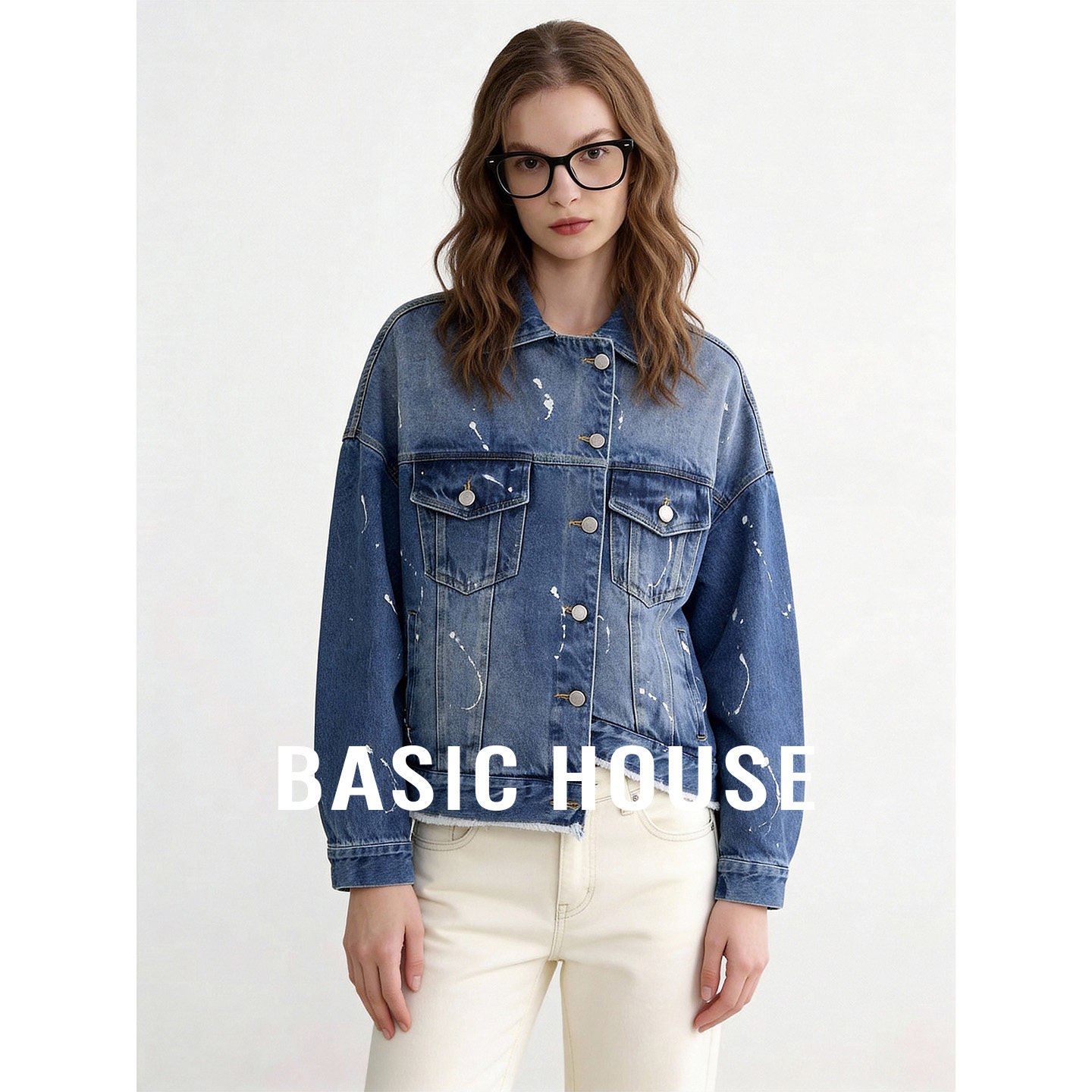 Basic House/百家好蓝色泼墨牛仔短款外套女秋季做旧小众设计上衣