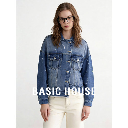 Basic House/百家好蓝色泼墨牛仔短款外套女春季做旧小众设计上衣