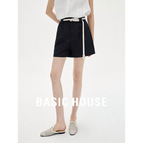 Basic House/百家好高腰亚麻莱赛尔短裤女夏新款系带A字款短裤