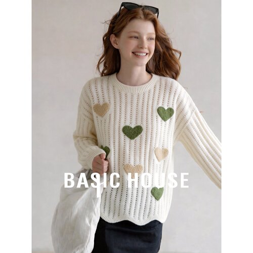 Basic House/百家好慵懒风镂空爱心针织衫女长袖宽松减龄毛衣上衣