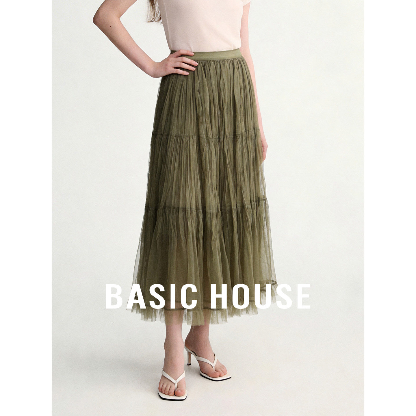Basic House/百家好2026秋季新款网纱半身裙女高腰显瘦A字大摆裙
