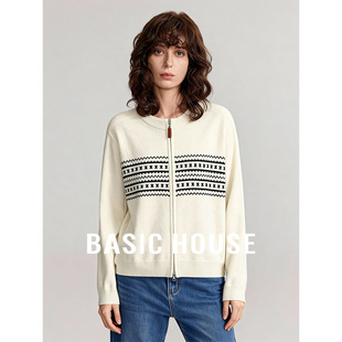 Basic House/百家好圆领加厚小众设计毛衣开衫女秋冬百搭保暖上衣