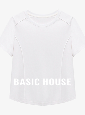 Basic House/百家好显瘦百搭正肩短袖T恤舒适弹力纯色短款上衣女