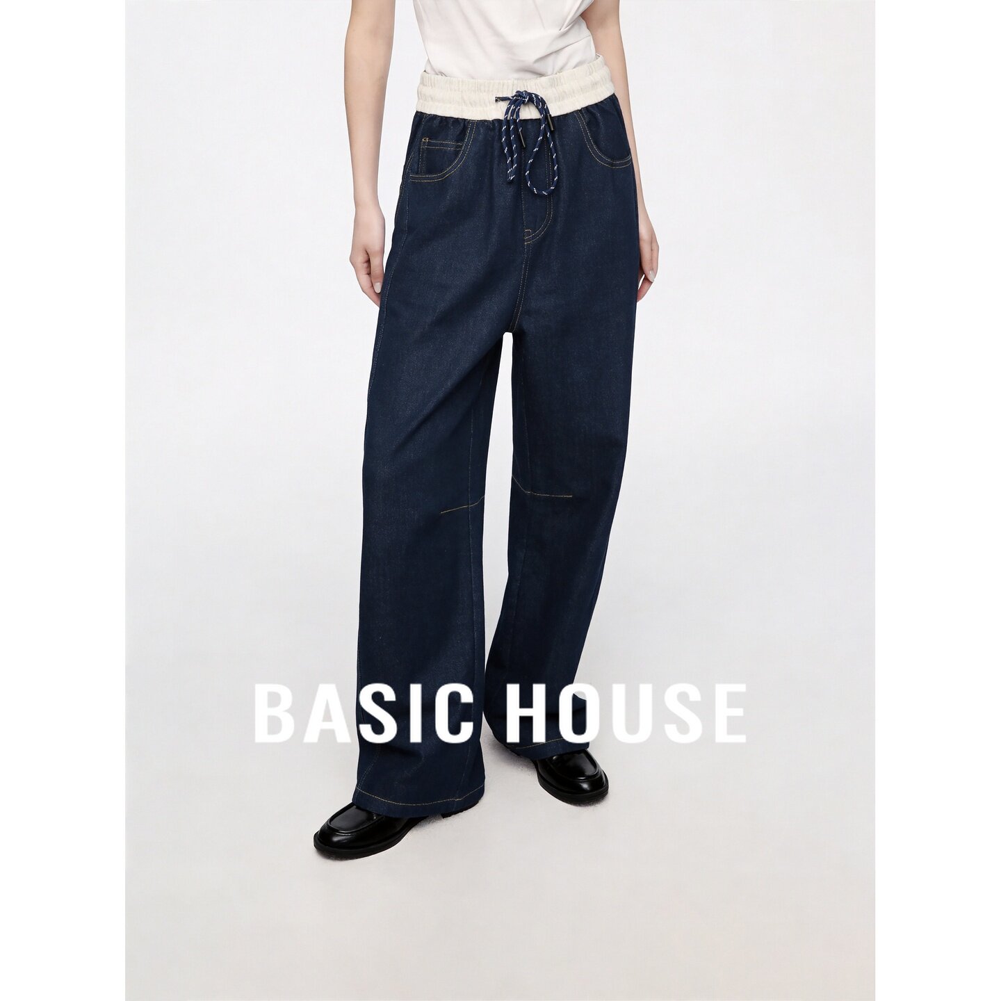 Basic House/百家好2026秋季系带拼接宽松牛仔裤女日常百搭休闲