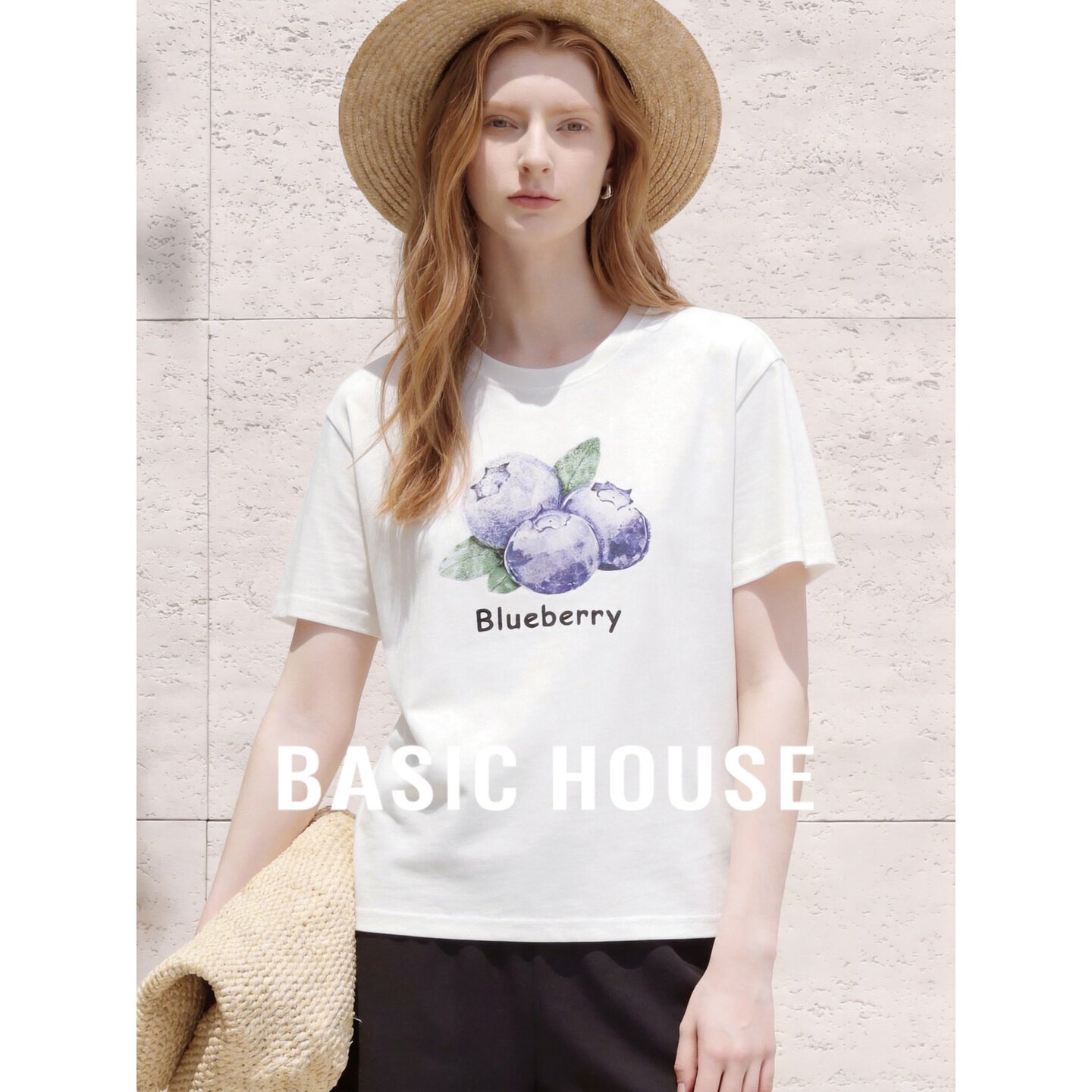 Basic House/百家好水果印花T恤女夏季新款蓝莓图案圆领短袖上衣