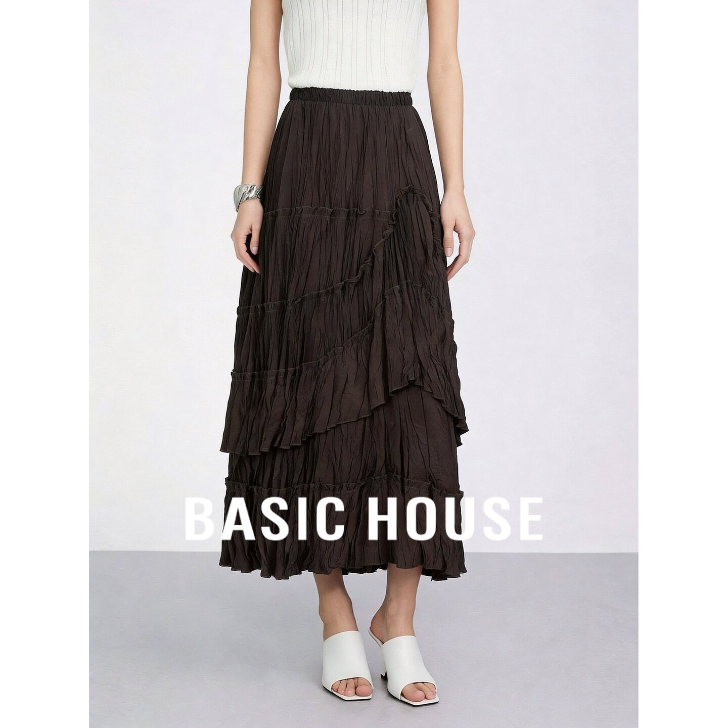 Basic House/百家好咖色荷叶边层叠半身裙显瘦不规则中长款蛋糕裙