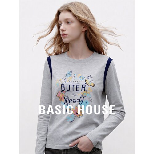 Basic House/百家好2026年秋款字母印花长袖针织衫女宽松显瘦上衣