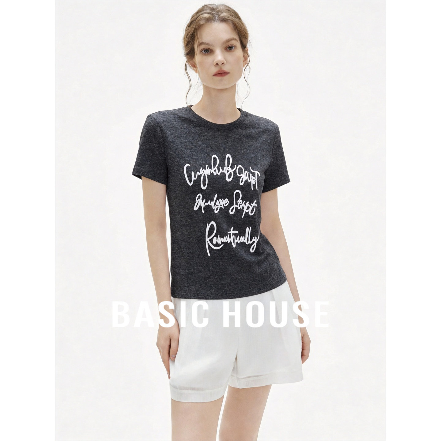 Basic House/百家好黑色修身显瘦短袖T恤女2026夏季圆领正肩上衣