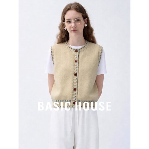 Basic House/百家好复古撞色明线针织马甲女秋季圆领纽扣开衫通勤