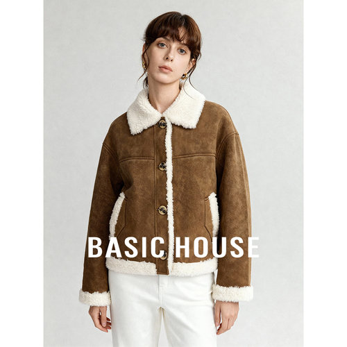 Basic House/百家好翻领短款拼接皮毛一体外套女冬季保暖百搭上衣