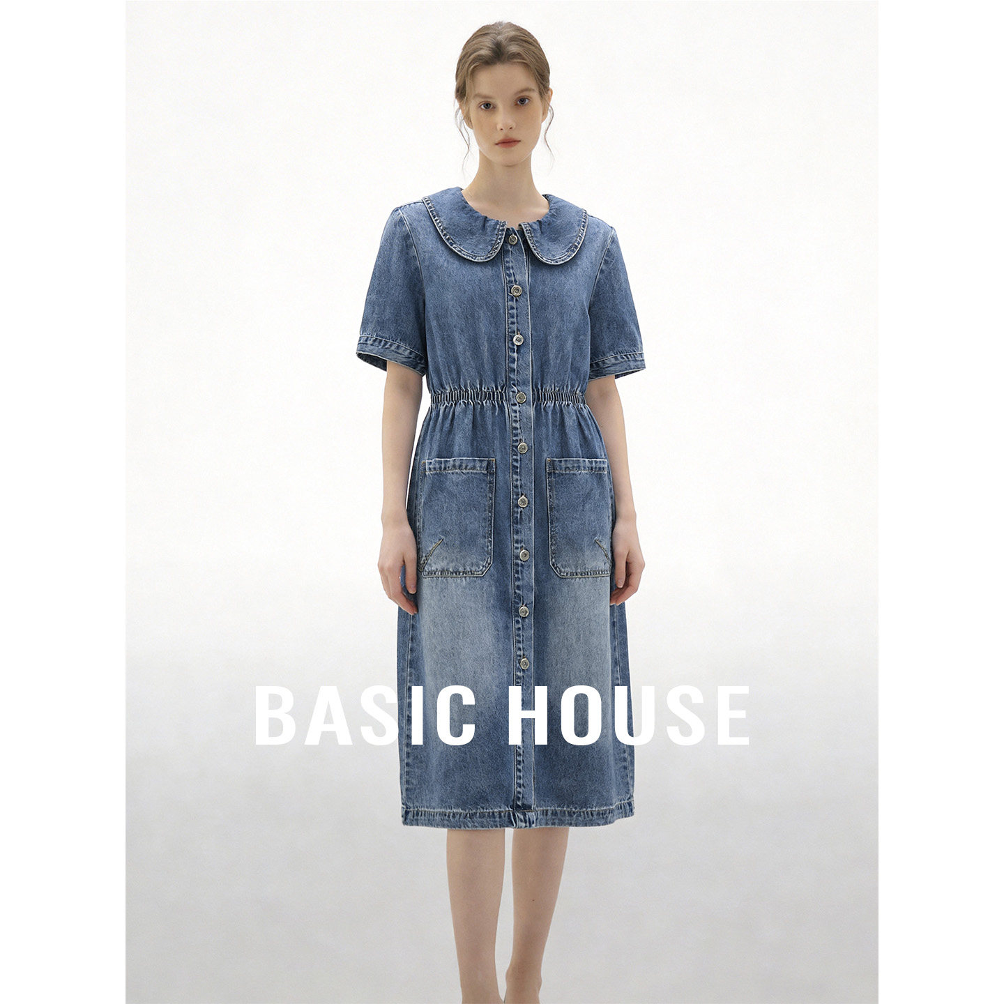 Basic House/百家好娃娃领牛仔连衣裙夏季新款气质收腰中长款裙子