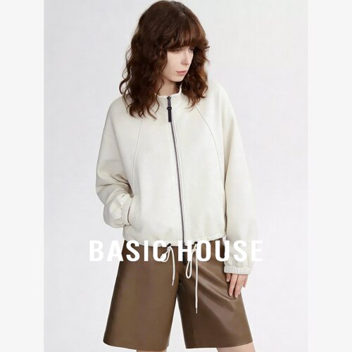 Basic House/百家好立领拉链短外套女装系带收腰休闲百搭夹克上衣