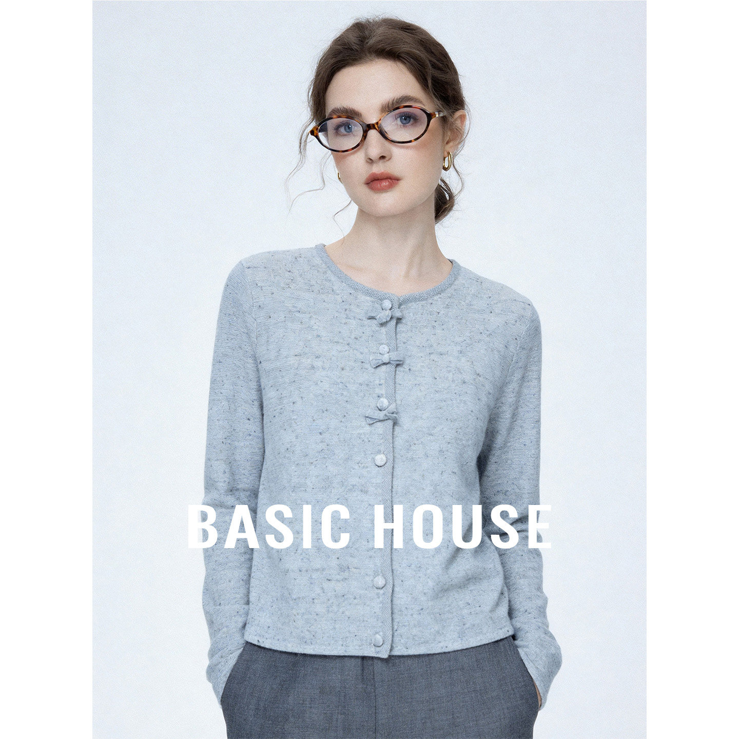 Basic House/百家好2026新款减龄圆领长袖针织开衫设计感短款上衣