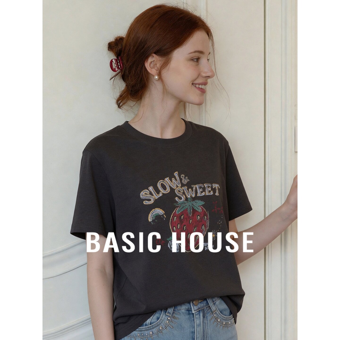 Basic House/百家好韩系纯棉草莓印花短袖T恤女夏季宽松圆领上衣