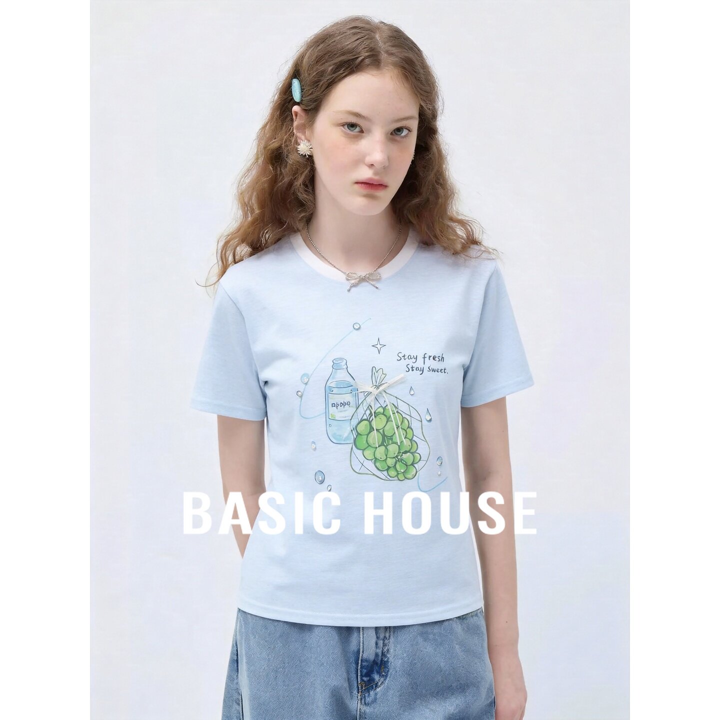 Basic House/百家好蓝色印花短袖T恤女夏装宽松显瘦薄款棉质上衣