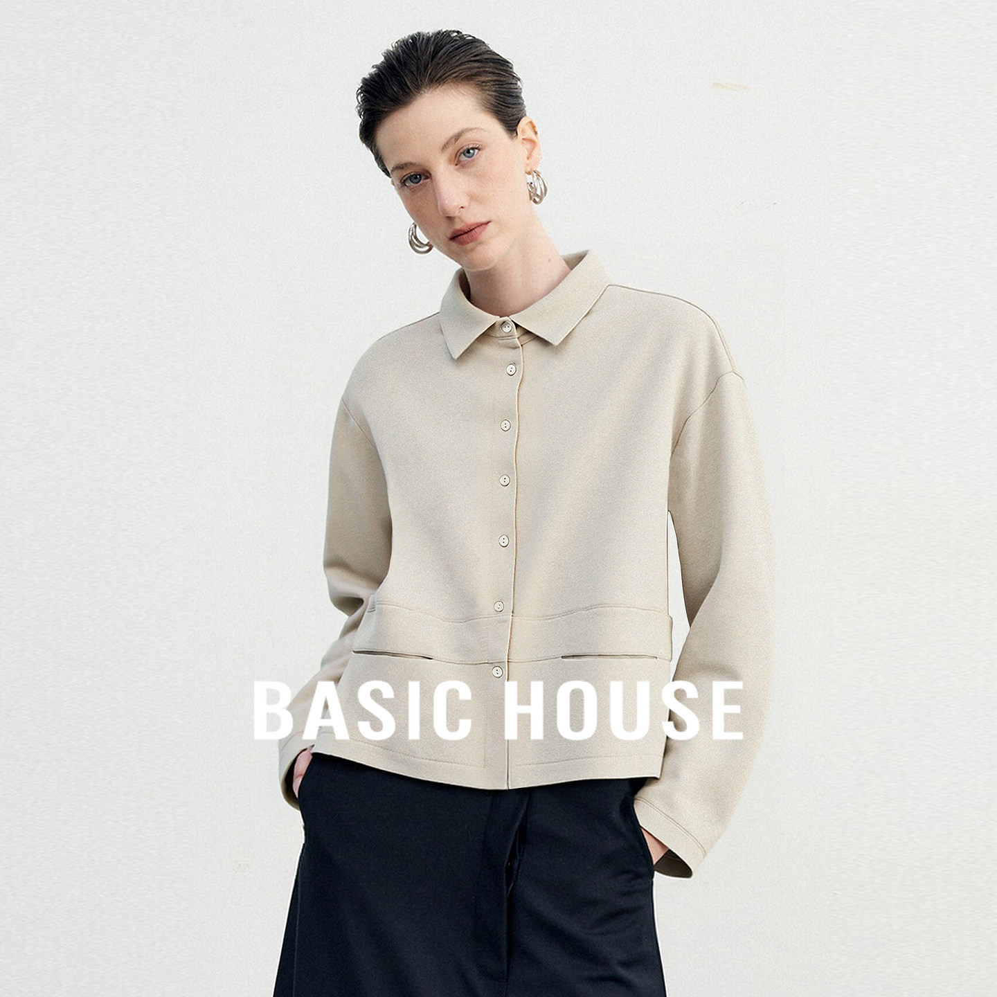 Basic House/百家好刚需翻领短款衬衫2025极简廓形宽松纯色衬衣女