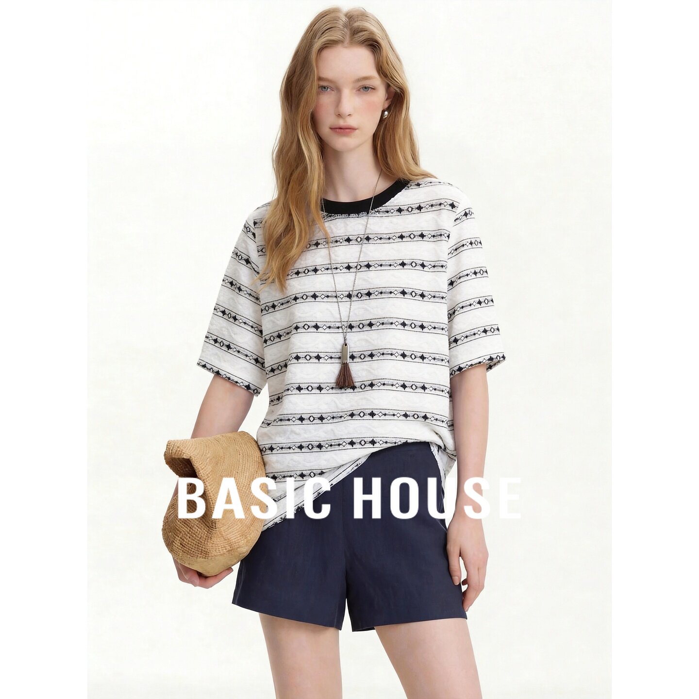 Basic House/百家好白色条纹短袖T恤女夏季宽松圆领休闲遮肉上衣