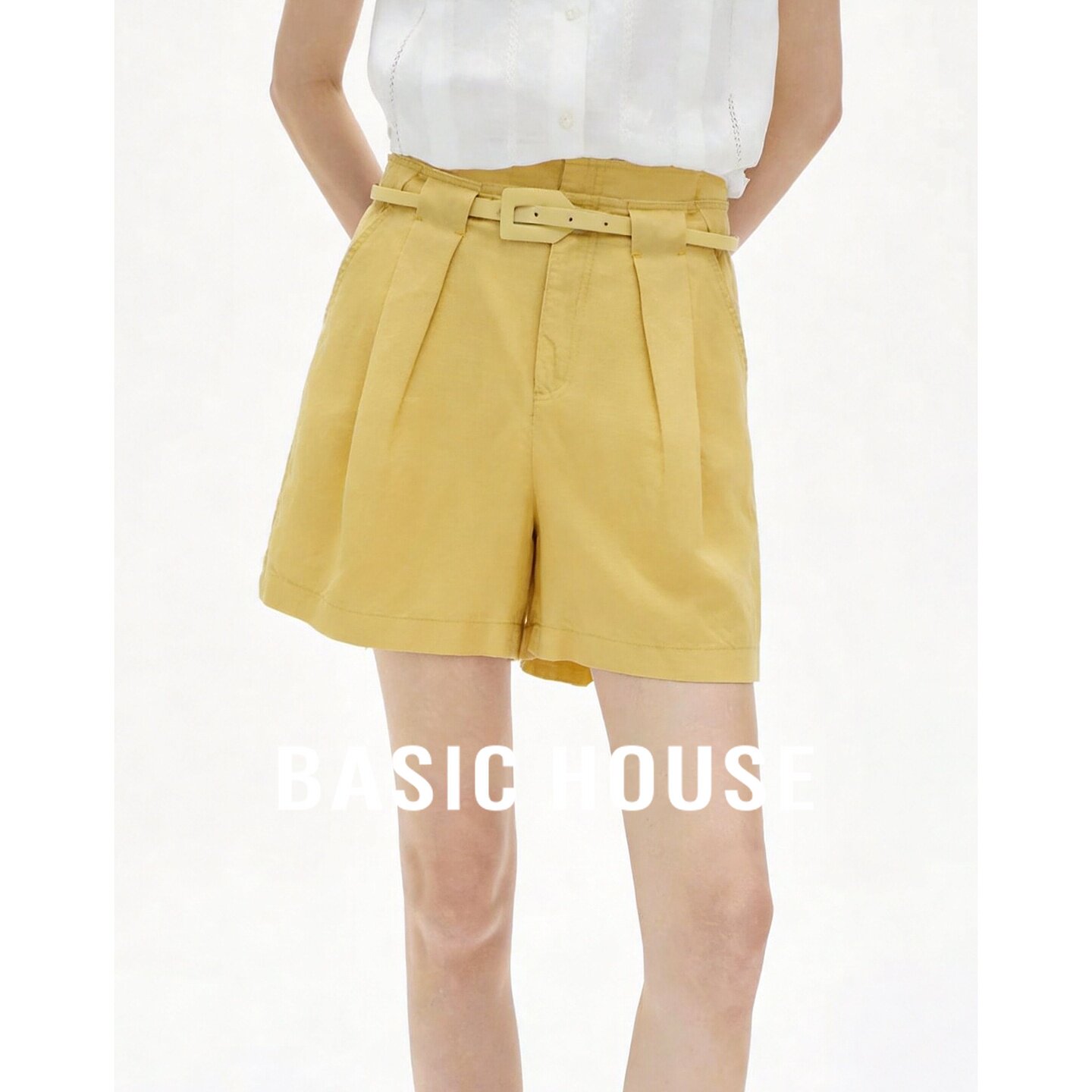 Basic House/百家好莱赛尔高腰短裤女夏亚麻直筒休闲裤黄色带腰带