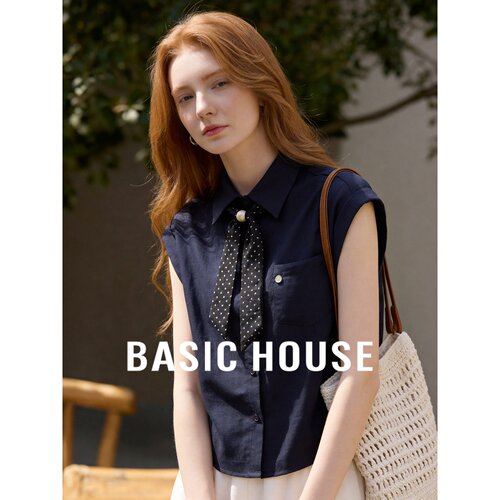 Basic House/百家好藏青色亚麻无袖衬衫通勤翻领丝巾装饰显瘦上衣