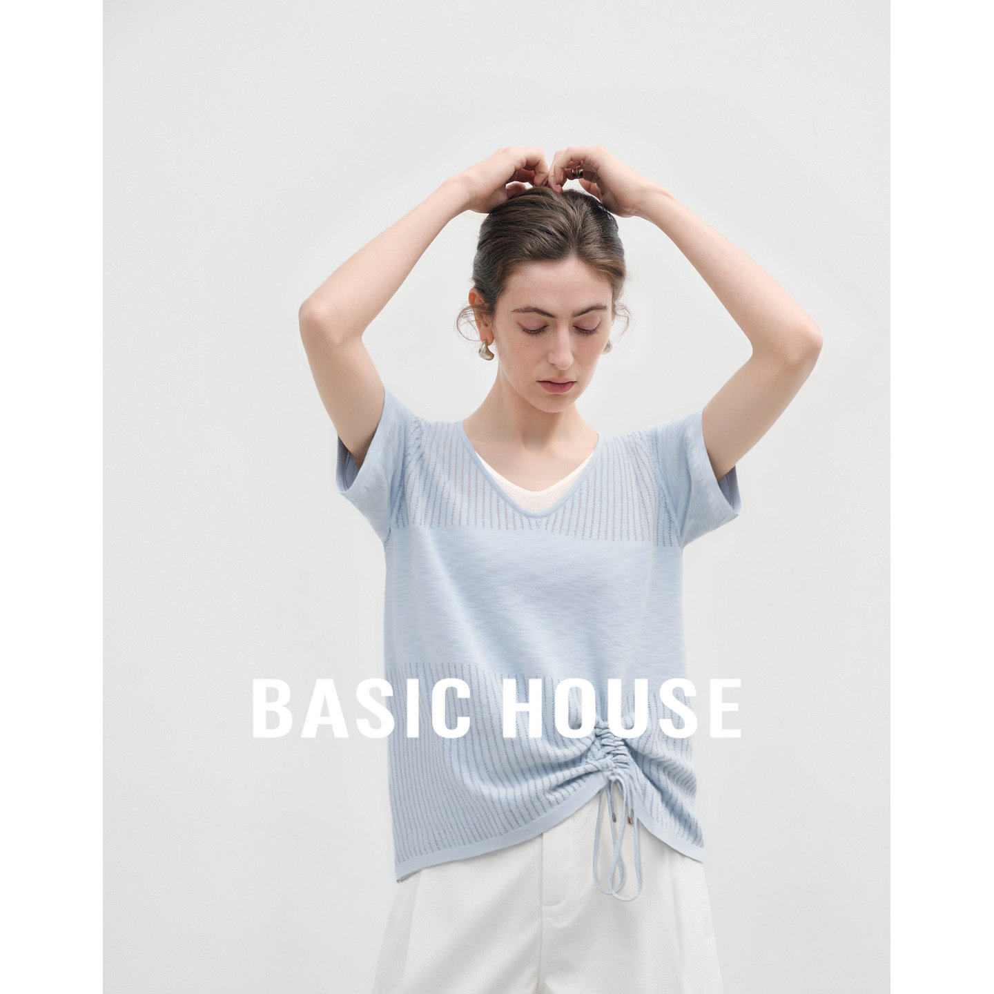 Basic House/百家好假两件镂空针织短袖女夏季设计感宽松抽绳上衣