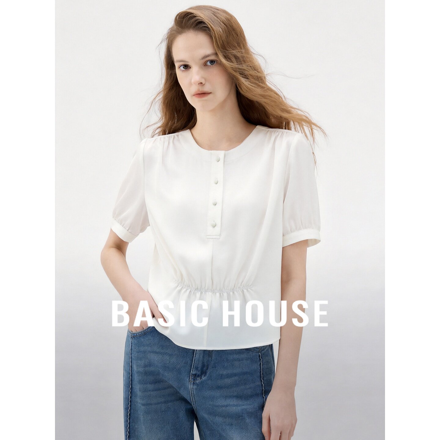 Basic House/百家好法式白色泡泡袖衬衫女夏季收腰显瘦纽扣上衣