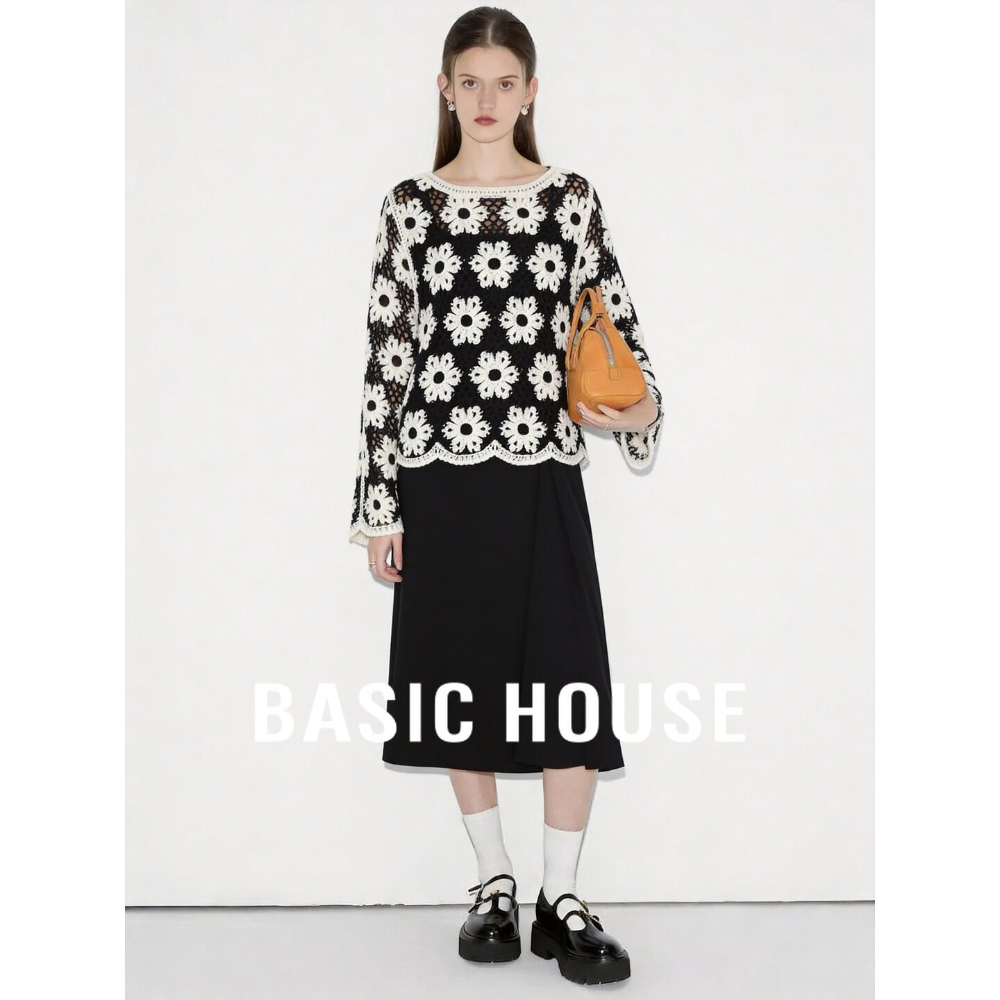 Basic House/百家好文艺复古新款镂空钩花针织罩衫背心裙女两件套